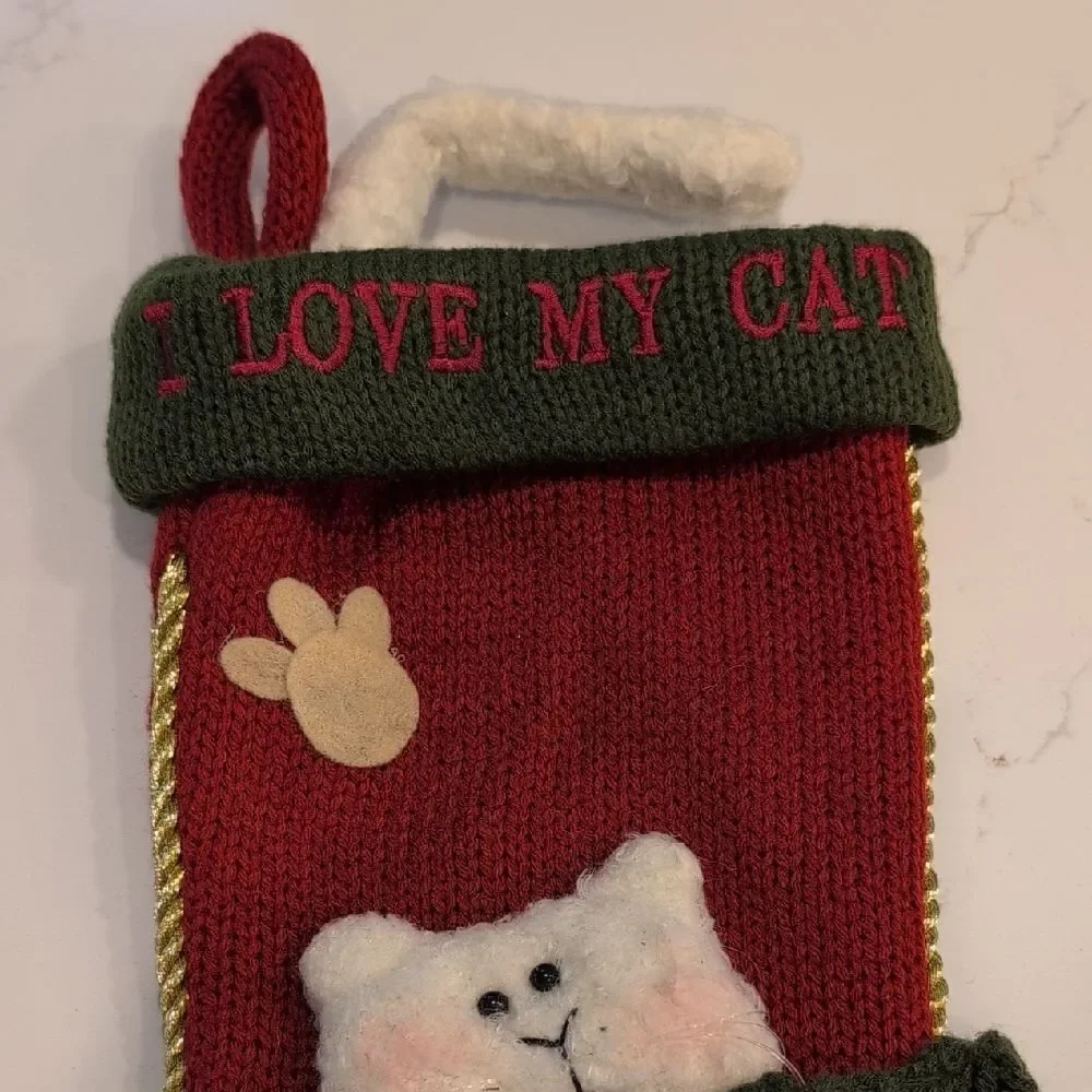 Chunky Knit Embroidered I Love My Cat Red And Green Christmas Stocking
